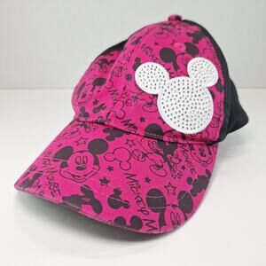 Disney Parks Mickey Mouse Youth Pink Black Rhinestone Adjustable Baseball Cap